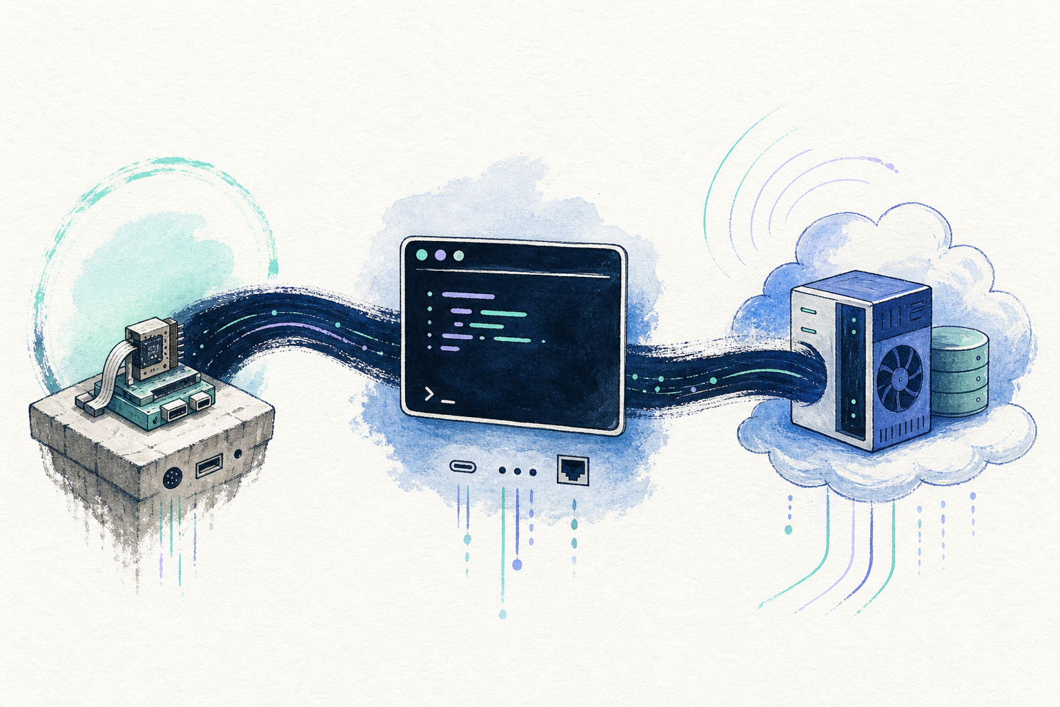 Editorial drawing showing a preserved hardware foundation flowing into a terminal environment and then to remote compute.