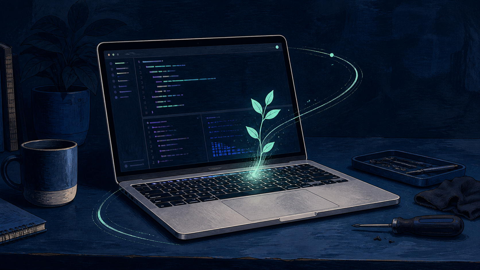 Drawing of an old aluminum laptop running a terminal-based Linux desktop, with a mint-green plant-like signal growing from its keyboard.